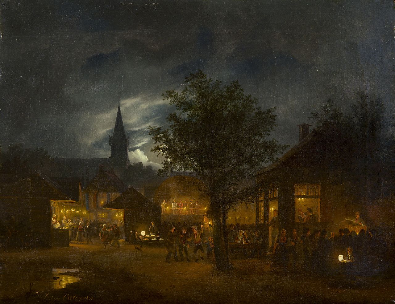 Cate H.G. ten | Hendrik Gerrit ten Cate, Jaarmarkt bij maanlicht, olieverf op doek 33,4 x 43,0 cm, gesigneerd linksonder en gedateerd 1837 Cate H.G. ten | Hendrik Gerrit ten Cate, Jaarmarkt bij maanlicht, olieverf op doek 33,4 x 43,0 cm, gesigneerd linksonder en gedateerd 1837