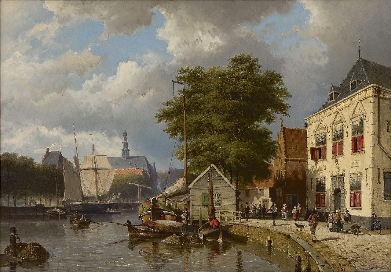 Koekkoek W. | Willem Koekkoek, Stadskade met afgemeerde schepen, olieverf op doek 65,1 x 92,1 cm, gesigneerd rechtsonder en gedateerd '61 Koekkoek W. | Willem Koekkoek, Stadskade met afgemeerde schepen, olieverf op doek 65,1 x 92,1 cm, gesigneerd rechtsonder en gedateerd '61