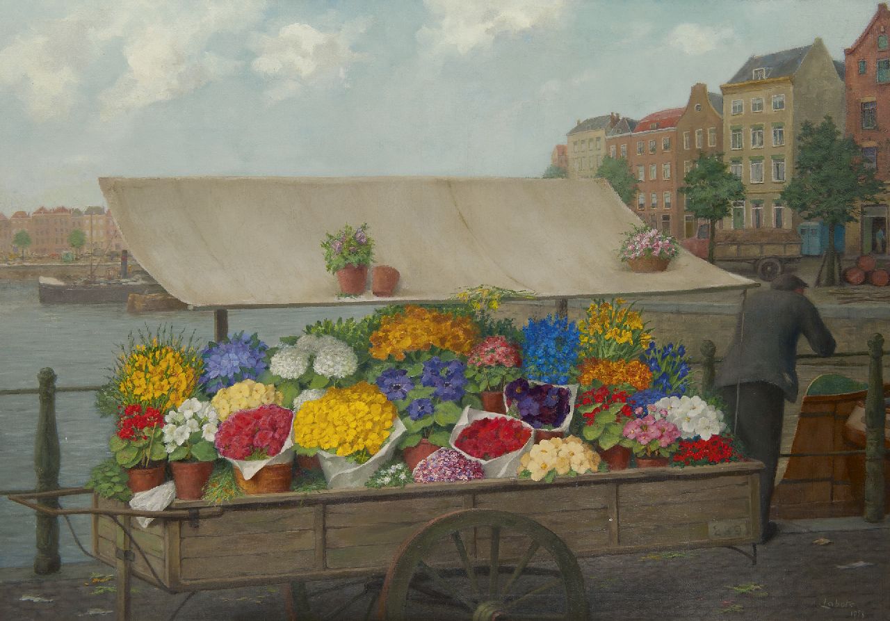 Labots G.D.  | Gerrit David Labots, Bloemenkar, olieverf op doek 70,3 x 100,0 cm, gesigneerd rechtsonder en verso en gedateerd 1953