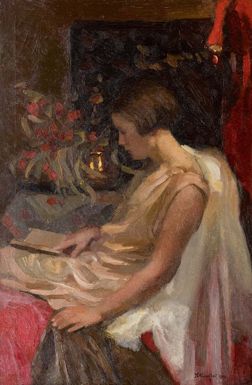 Goedhart J.C.A. | 'Jan' Catharinus Adriaan Goedhart, Lezende jonge vrouw, olieverf op doek 85,3 x 56,0 cm, gesigneerd rechtsonder en gedateerd 1929 Goedhart J.C.A. | 'Jan' Catharinus Adriaan Goedhart, Lezende jonge vrouw, olieverf op doek 85,3 x 56,0 cm, gesigneerd rechtsonder en gedateerd 1929