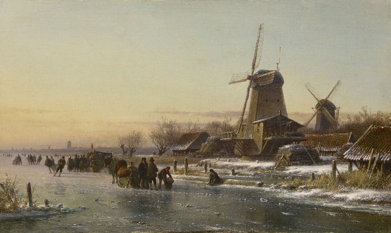 Kleijn L.J. | Lodewijk Johannes Kleijn, Schaatsers en koek-en-zopie bij een houtzaagmolen, olieverf op doek 44,2 x 73,6 cm, gesigneerd mogelijk linksonder (vaag) Kleijn L.J. | Lodewijk Johannes Kleijn, Schaatsers en koek-en-zopie bij een houtzaagmolen, olieverf op doek 44,2 x 73,6 cm, gesigneerd mogelijk linksonder (vaag)