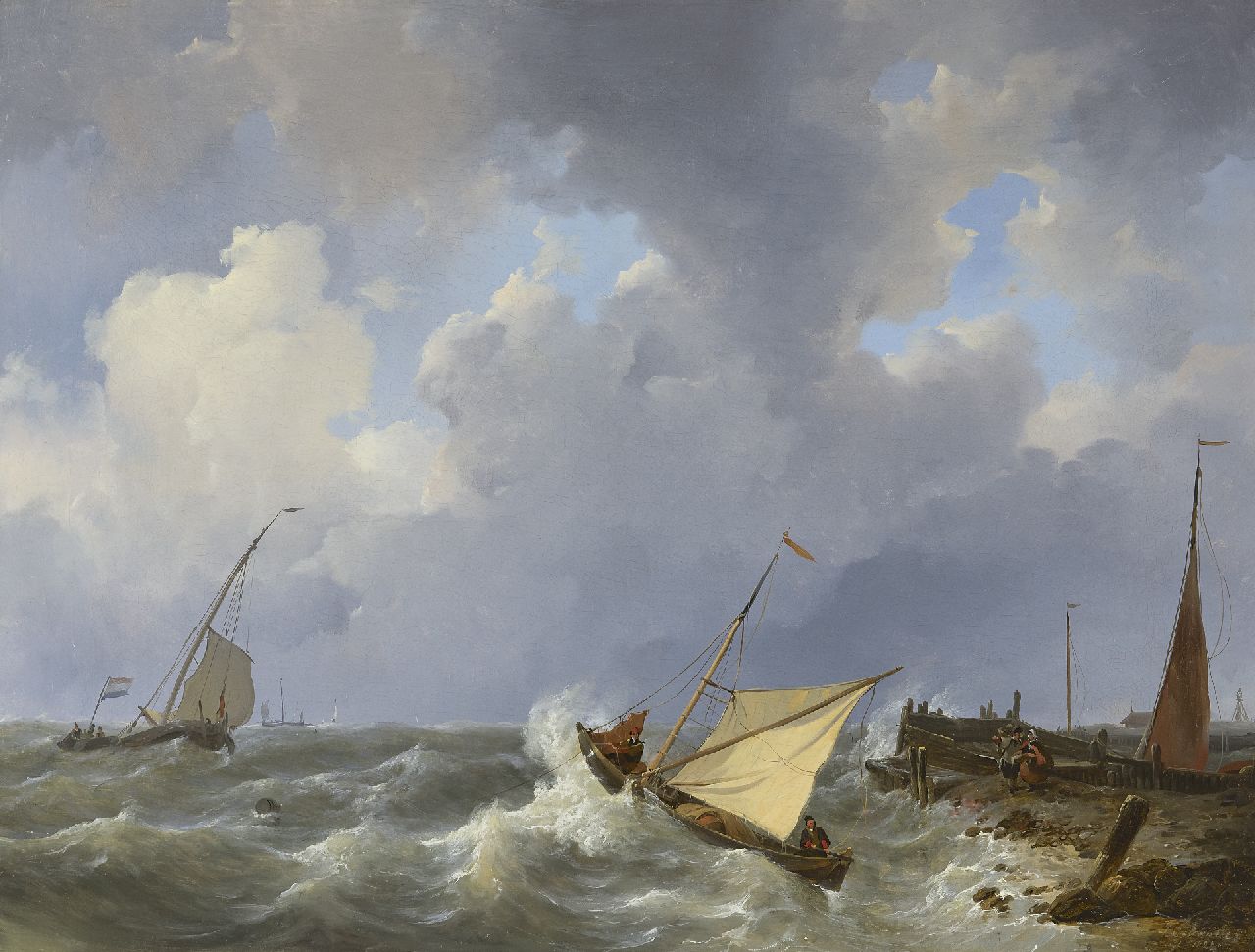 Schotel J.C.  | Johannes Christianus Schotel, Zeilschepen op ruwe zee bij een haveningang, een zeilschip voor anker in de branding, olieverf op doek 55,6 x 73,4 cm, gesigneerd rechtsonder en gedateerd 1825