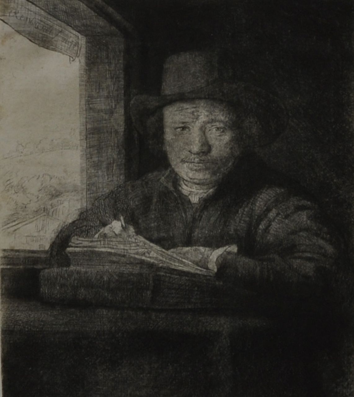 Rembrandt (Rembrandt Harmensz. van Rijn) | Rembrandt (Rembrandt Harmensz. van Rijn), Zelfportret, etsend bij een raam, ets en droge naald op papier 15,8 x 12,9 cm, gesigneerd linksboven in de plaat en gedateerd 1648 in de plaat Rembrandt (Rembrandt Harmensz. van Rijn) | Rembrandt (Rembrandt Harmensz. van Rijn), Zelfportret, etsend bij een raam, ets en droge naald op papier 15,8 x 12,9 cm, gesigneerd linksboven in de plaat en gedateerd 1648 in de plaat