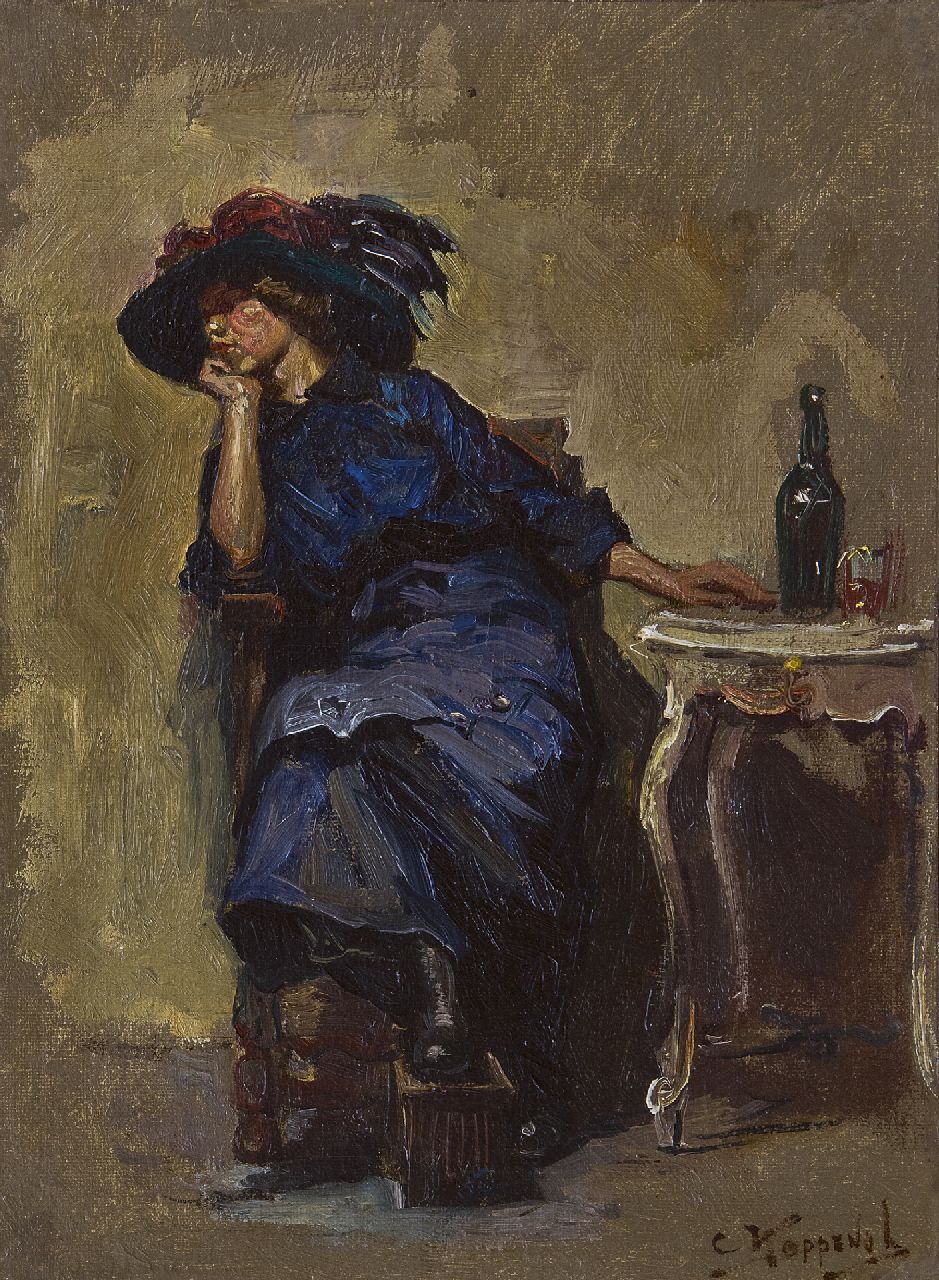 Koppenol C.  | Cornelis 'Kees' Koppenol, Wachten op de afspraak, olieverf op doek op paneel 21,5 x 16,0 cm, gesigneerd rechtsonder en verso op etiket