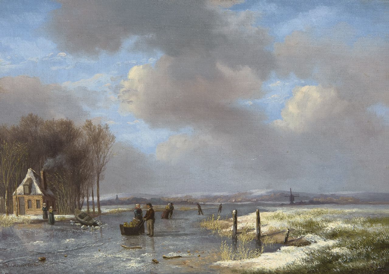 Roosenboom N.J. | Nicolaas Johannes Roosenboom, Winters rivierlandschap met schaatsers, olieverf op paneel 21,4 x 30,6 cm, gesigneerd linksonder Roosenboom N.J. | Nicolaas Johannes Roosenboom, Winters rivierlandschap met schaatsers, olieverf op paneel 21,4 x 30,6 cm, gesigneerd linksonder