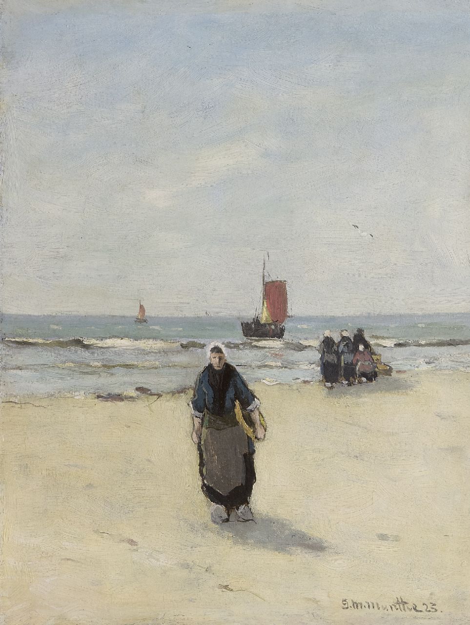 Munthe G.A.L. | Gerhard Arij Ludwig 'Morgenstjerne' Munthe, Vissersvrouwen op het strand, olieverf op schildersboard 30,8 x 23,7 cm, gesigneerd rechtsonder en gedateerd '23 Munthe G.A.L. | Gerhard Arij Ludwig 'Morgenstjerne' Munthe, Vissersvrouwen op het strand, olieverf op schildersboard 30,8 x 23,7 cm, gesigneerd rechtsonder en gedateerd '23