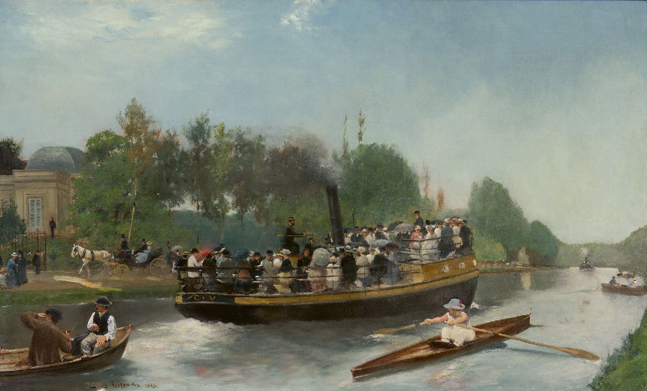 Hoeterickx E. | Emile Hoeterickx | Schilderijen te koop aangeboden | Op het water tussen Laken en park Drie Fonteinen bij Vilvoorde, België, olieverf op doek 52,5 x 85,0 cm, gesigneerd linksonder en gedateerd 1883 Hoeterickx E. | Emile Hoeterickx | Schilderijen te koop aangeboden | Op het water tussen Laken en park Drie Fonteinen bij Vilvoorde, België, olieverf op doek 52,5 x 85,0 cm, gesigneerd linksonder en gedateerd 1883