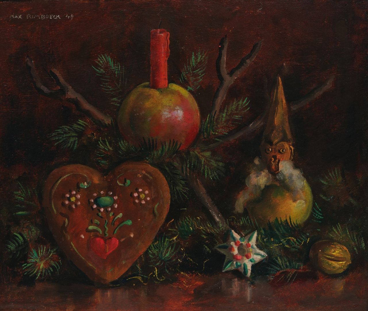 Rimböck M. | Max Rimböck | Schilderijen te koop aangeboden | Kerststilleven, olieverf op schildersboard 29,4 x 35,3 cm, gesigneerd linksboven en gedateerd '49 Rimböck M. | Max Rimböck | Schilderijen te koop aangeboden | Kerststilleven, olieverf op schildersboard 29,4 x 35,3 cm, gesigneerd linksboven en gedateerd '49