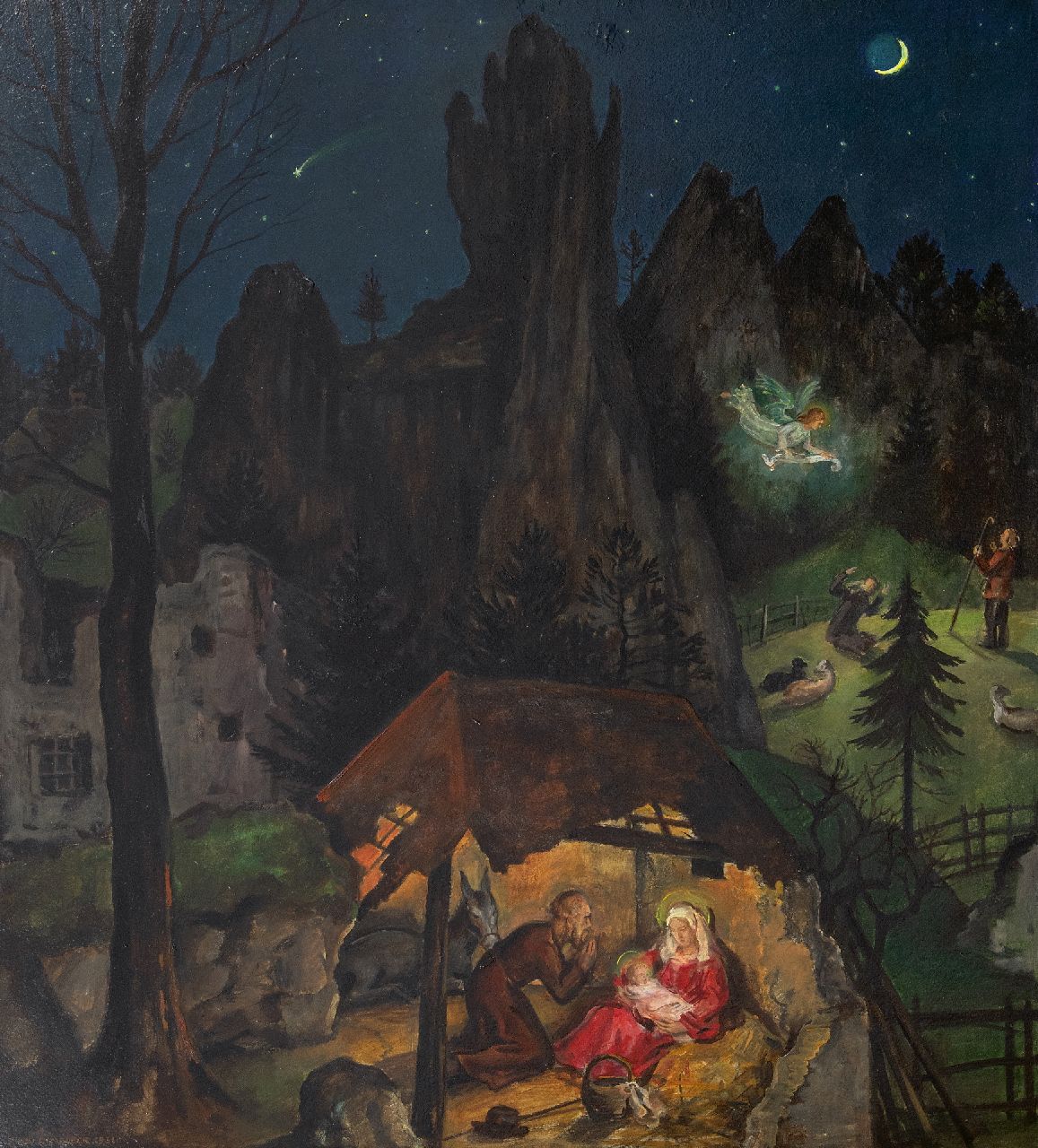 Rimböck M. | Max Rimböck | Schilderijen te koop aangeboden | De geboorte van Christus, olieverf op schildersboard 73,5 x 66,0 cm, gesigneerd linksonder en gedateerd 1931 Rimböck M. | Max Rimböck | Schilderijen te koop aangeboden | De geboorte van Christus, olieverf op schildersboard 73,5 x 66,0 cm, gesigneerd linksonder en gedateerd 1931