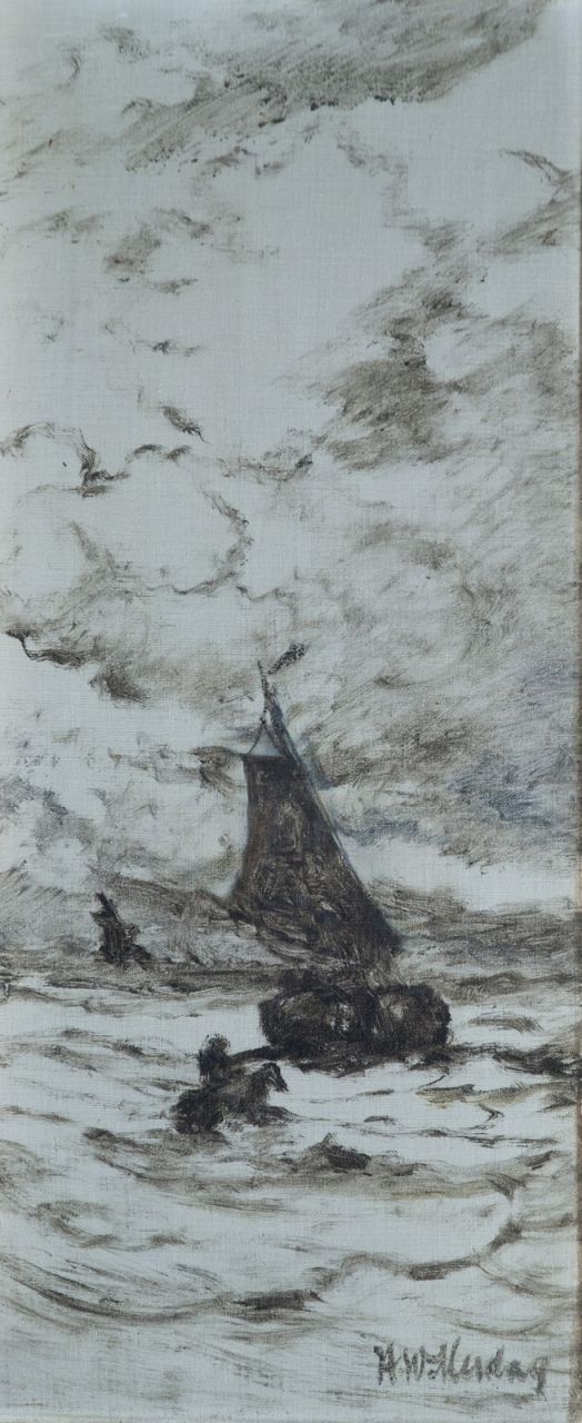 Mesdag H.W. | Hendrik Willem Mesdag, Lijnhaalder en bomschuit in de branding, olieverf op doek 61,4 x 26,6 cm, gesigneerd rechtsonder en te dateren ca. 1909 Mesdag H.W. | Hendrik Willem Mesdag, Lijnhaalder en bomschuit in de branding, olieverf op doek 61,4 x 26,6 cm, gesigneerd rechtsonder en te dateren ca. 1909