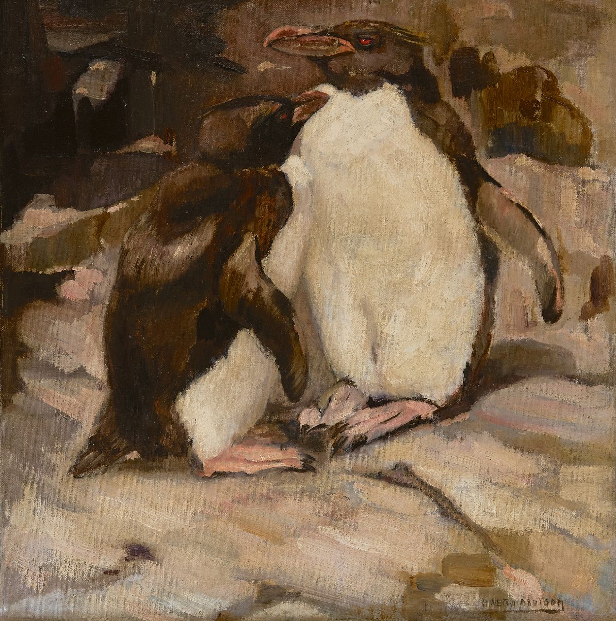Bruigom M.C. | Margaretha Cornelia 'Greta' Bruigom, Pinguïns, olieverf op doek 46,1 x 45,3 cm, gesigneerd rechtsonder en op spieraam Bruigom M.C. | Margaretha Cornelia 'Greta' Bruigom, Pinguïns, olieverf op doek 46,1 x 45,3 cm, gesigneerd rechtsonder en op spieraam