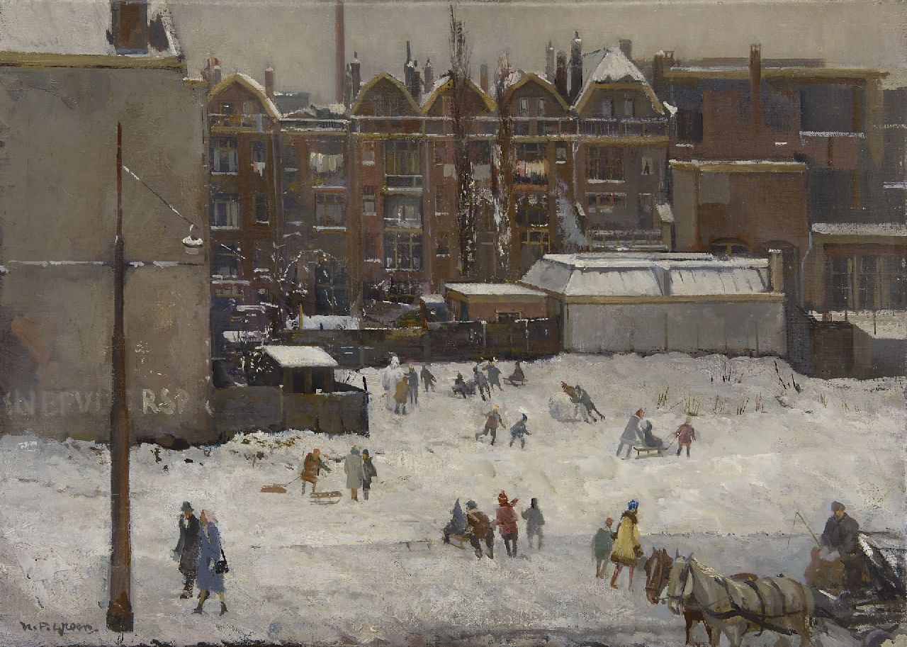 Groen H.P.  | Hendrik Pieter 'Piet' Groen, Sneeuwpret in Rotterdam (waarschijnllijk langs de brandgrens van 14 mei 1940), olieverf op doek 50,4 x 70,5 cm, gesigneerd linksonder