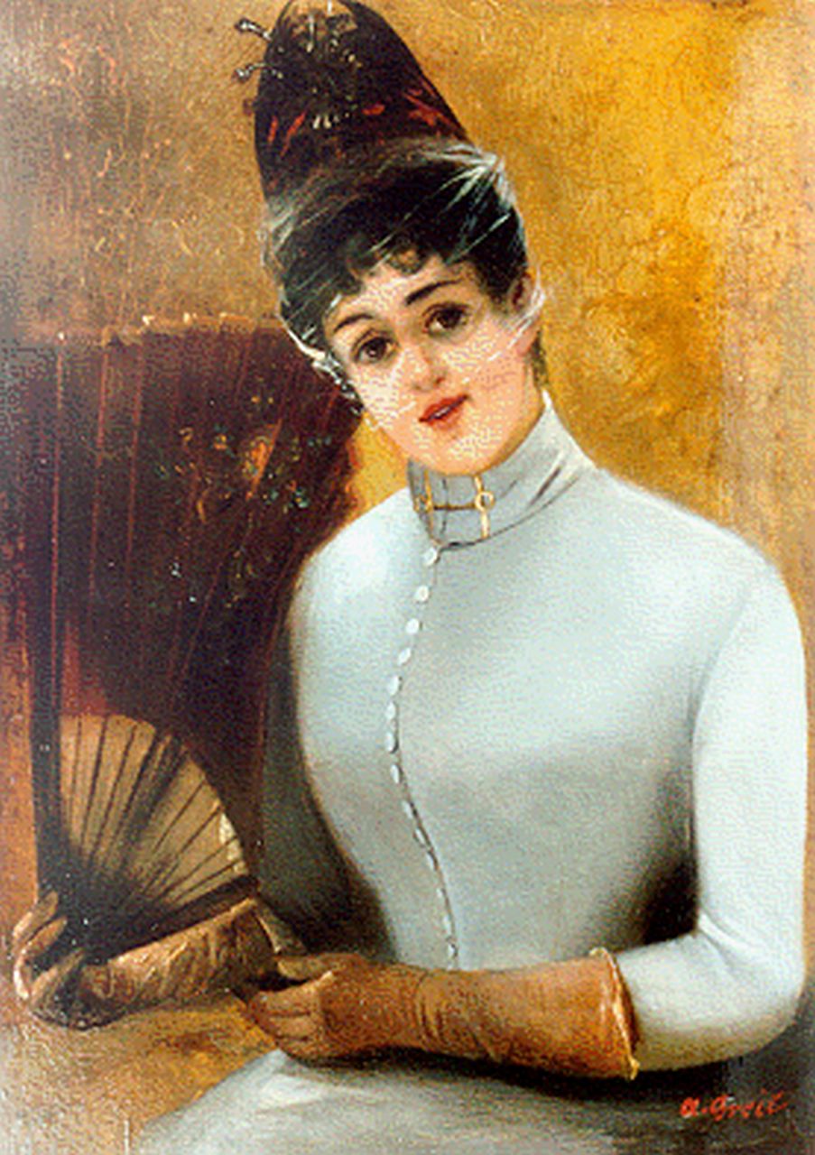 Greil A. | Alois Greil, Portret van een modieuze vrouw, olieverf op paneel 35,4 x 25,5 cm, gesigneerd rechtsonder Greil A. | Alois Greil, Portret van een modieuze vrouw, olieverf op paneel 35,4 x 25,5 cm, gesigneerd rechtsonder