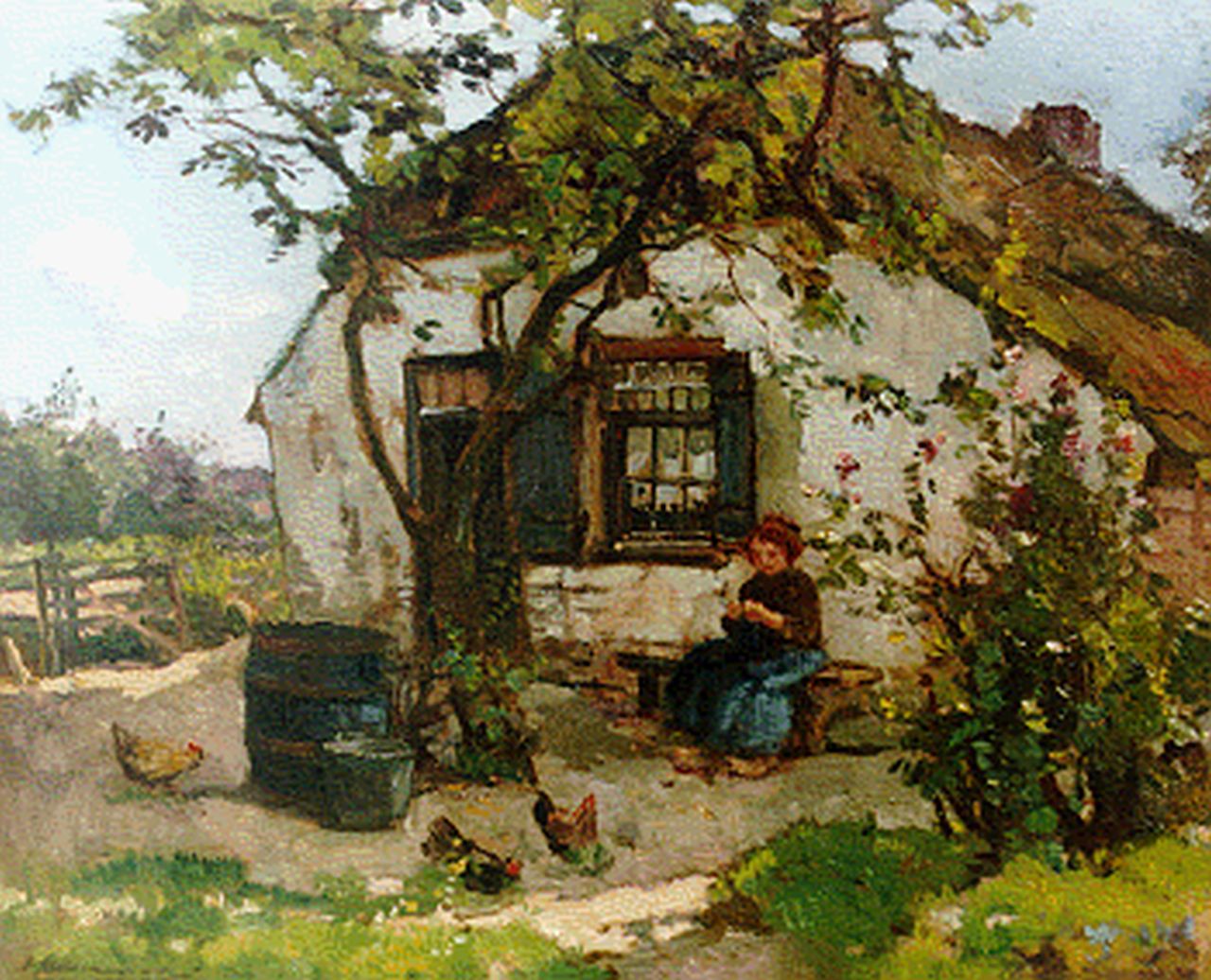 Akkeringa J.E.H. | 'Johannes Evert' Hendrik Akkeringa, Breiende vrouw op boerenerf, olieverf op doek 35,5 x 43,4 cm, gesigneerd rechtsonder Akkeringa J.E.H. | 'Johannes Evert' Hendrik Akkeringa, Breiende vrouw op boerenerf, olieverf op doek 35,5 x 43,4 cm, gesigneerd rechtsonder