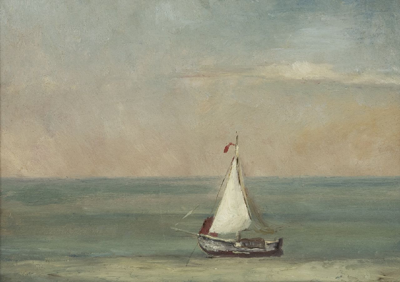 Mesdag H.W. | Hendrik Willem Mesdag, Stille zee met wit zeilscheepje, olieverf op papier op paneel 21,8 x 30,2 cm Mesdag H.W. | Hendrik Willem Mesdag, Stille zee met wit zeilscheepje, olieverf op papier op paneel 21,8 x 30,2 cm
