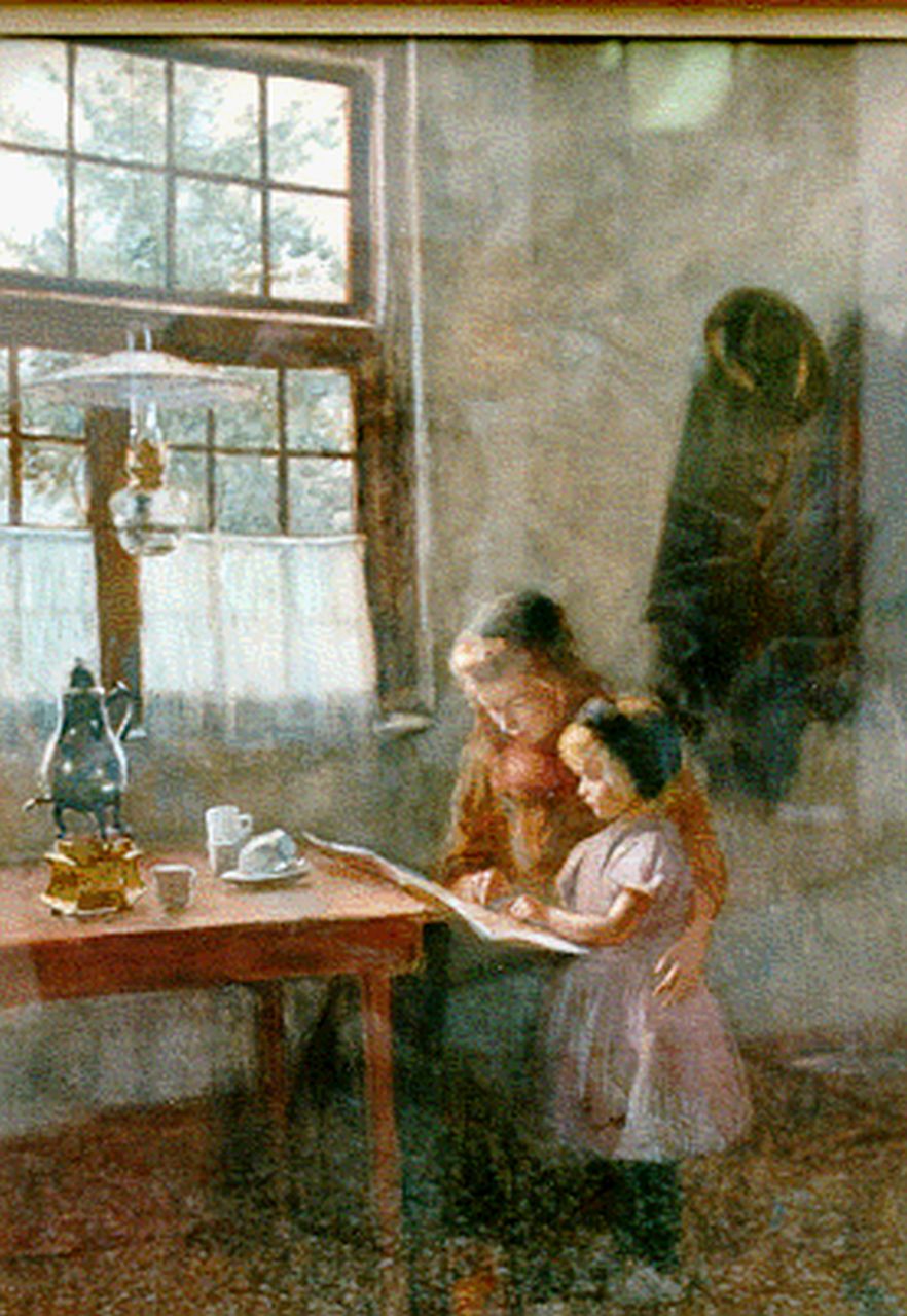 Krabbé H.M. | Heinrich Martin Krabbé, Lezende zusjes bij het raam, aquarel op papier 73,0 x 54,0 cm, gesigneerd linksonder Krabbé H.M. | Heinrich Martin Krabbé, Lezende zusjes bij het raam, aquarel op papier 73,0 x 54,0 cm, gesigneerd linksonder