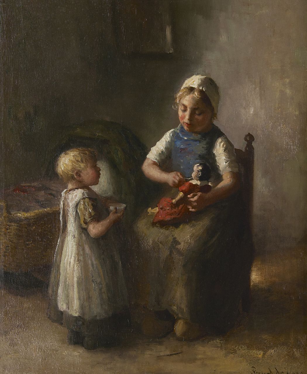 Hoog J.B. de | Johan 'Bernard' de Hoog, Het poppenmoedertje, olieverf op doek 63,3 x 52,3 cm, gesigneerd rechtsonder Hoog J.B. de | Johan 'Bernard' de Hoog, Het poppenmoedertje, olieverf op doek 63,3 x 52,3 cm, gesigneerd rechtsonder