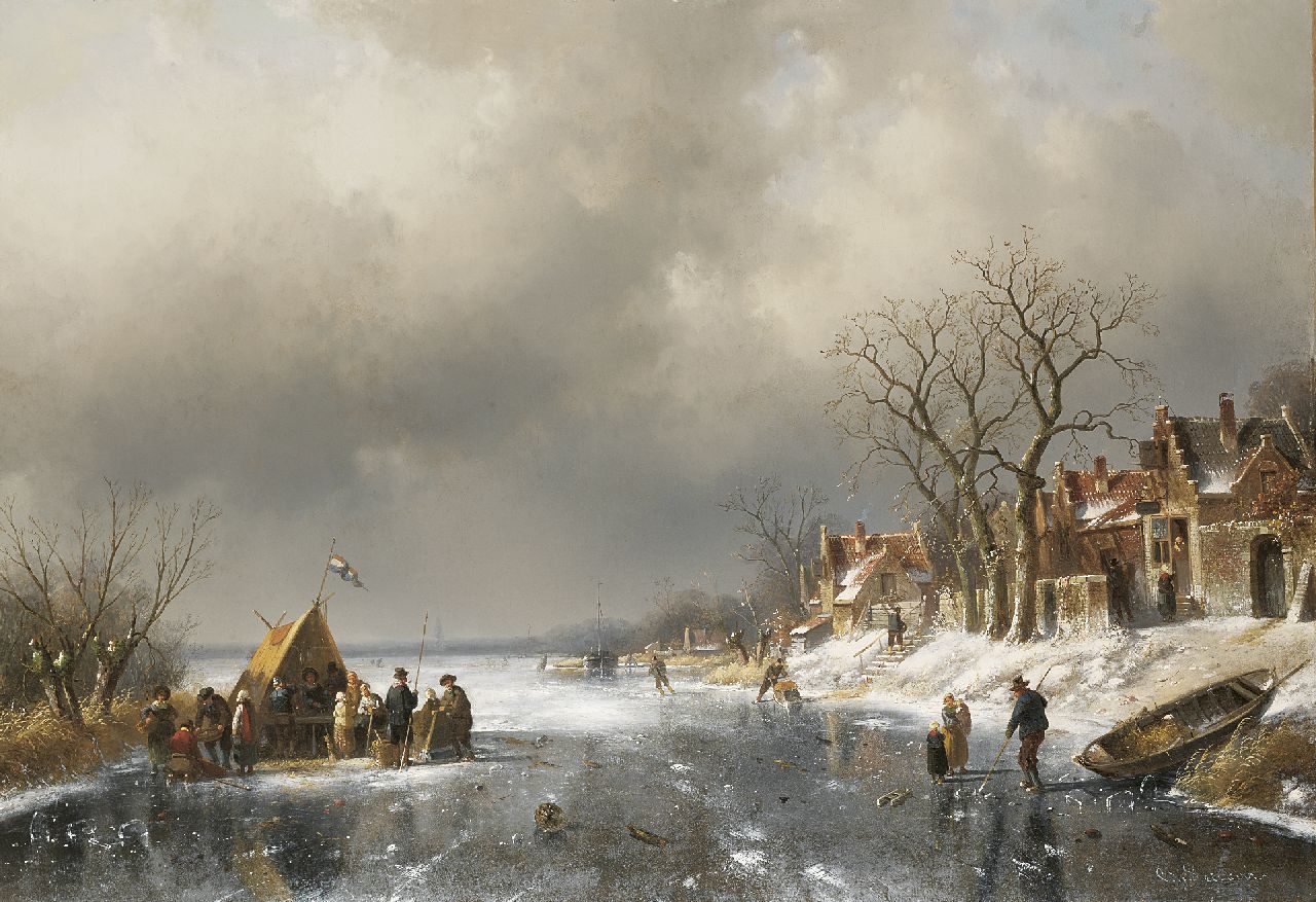 Leickert C.H.J.  | 'Charles' Henri Joseph Leickert, Koek-en-zopie op het ijs aan de rand van een dorp, olieverf op doek 71,4 x 103,2 cm, gesigneerd rechtsonder