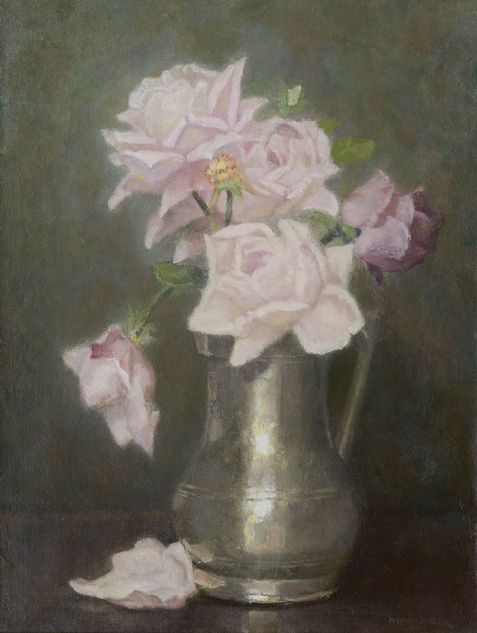 Wandscheer M.W.  | Maria Wilhelmina 'Marie' Wandscheer | Schilderijen te koop aangeboden | Rozen in tinnen vaas, olieverf op doek 41,5 x 31,4 cm, gesigneerd rechtsonder en op spieraam