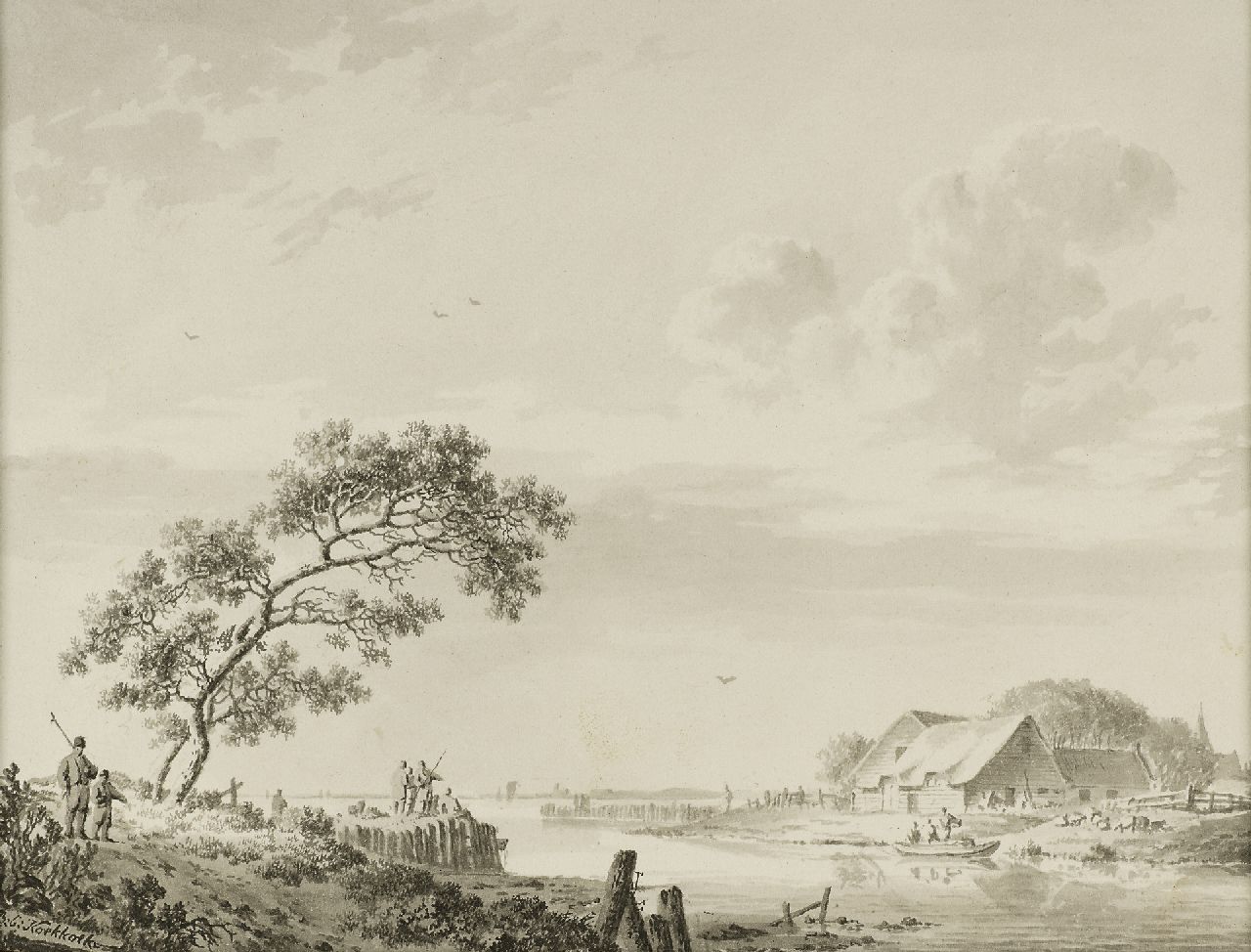 Koekkoek B.C. | Barend Cornelis Koekkoek, Rivierlandschap in Zeeland, pen, penseel en inkt op papier 14,6 x 19,3 cm, gesigneerd linksonder Koekkoek B.C. | Barend Cornelis Koekkoek, Rivierlandschap in Zeeland, pen, penseel en inkt op papier 14,6 x 19,3 cm, gesigneerd linksonder