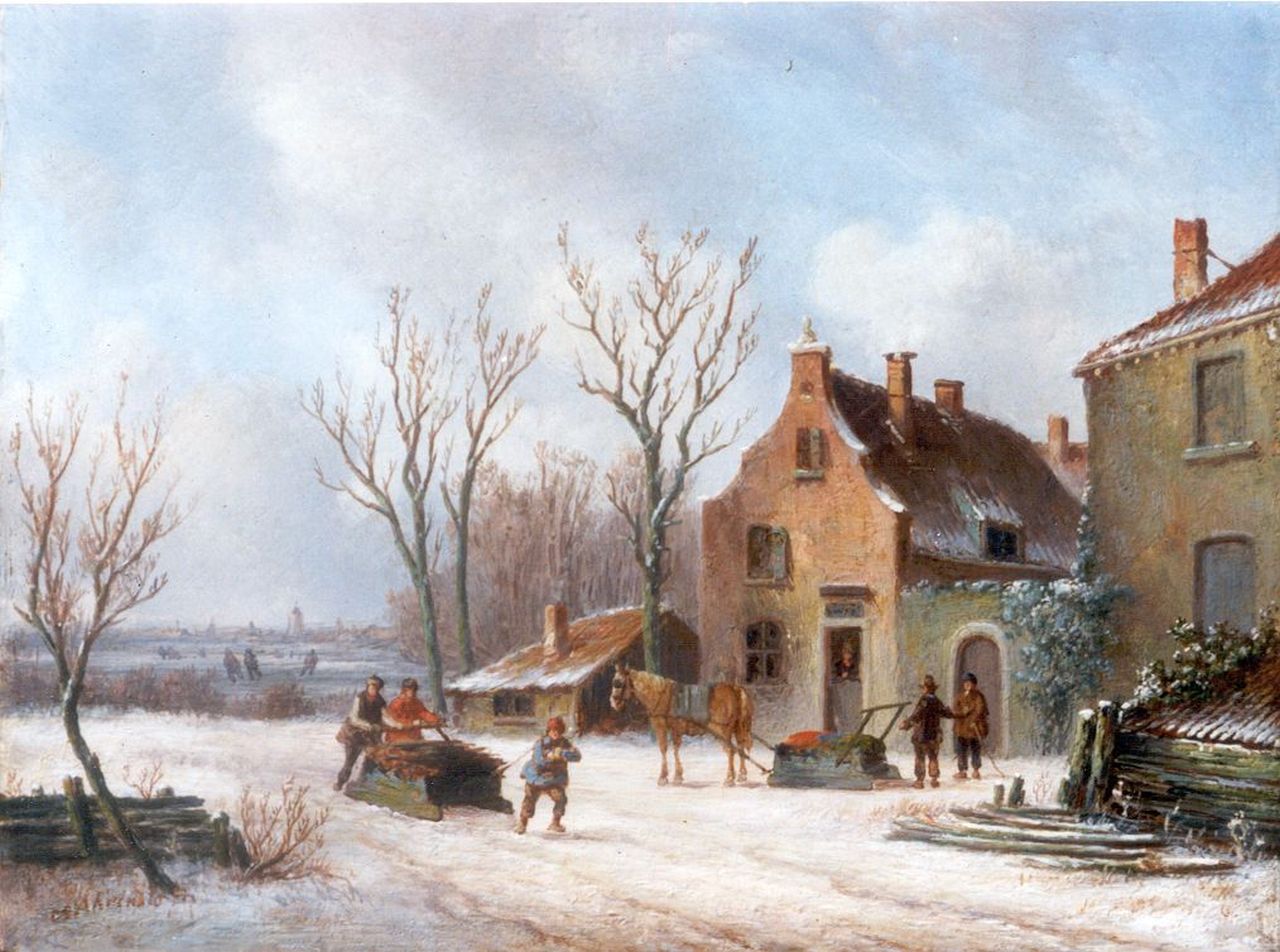 Ahrendts C.E.  | Carl Eduard Ahrendts, Winters gezicht op een dorpje aan een plas, olieverf op paneel 17,0 x 22,0 cm, gesigneerd linksonder