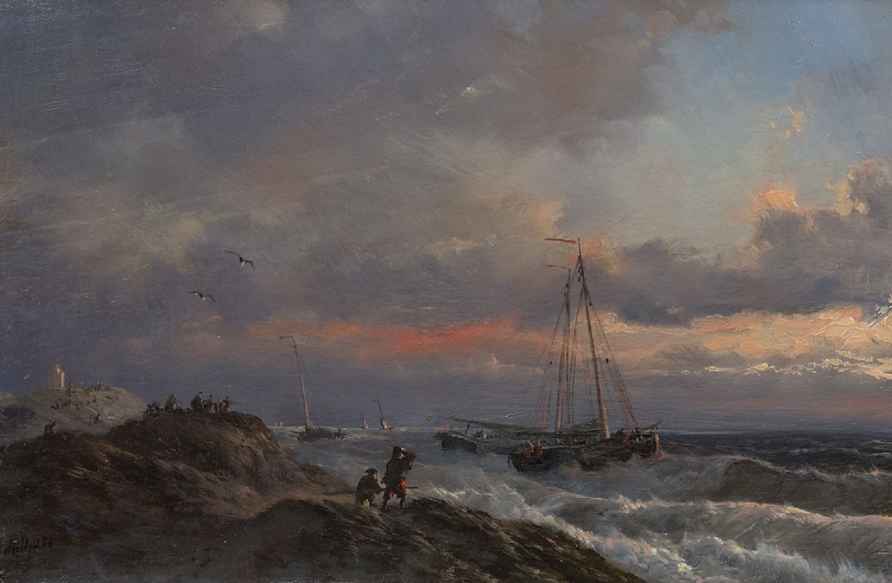 Schiedges P.P.  | Petrus Paulus Schiedges, Storm langs de Hollandse kust, olieverf op paneel 19,2 x 29,2 cm, gesigneerd linksonder en gedateerd '54