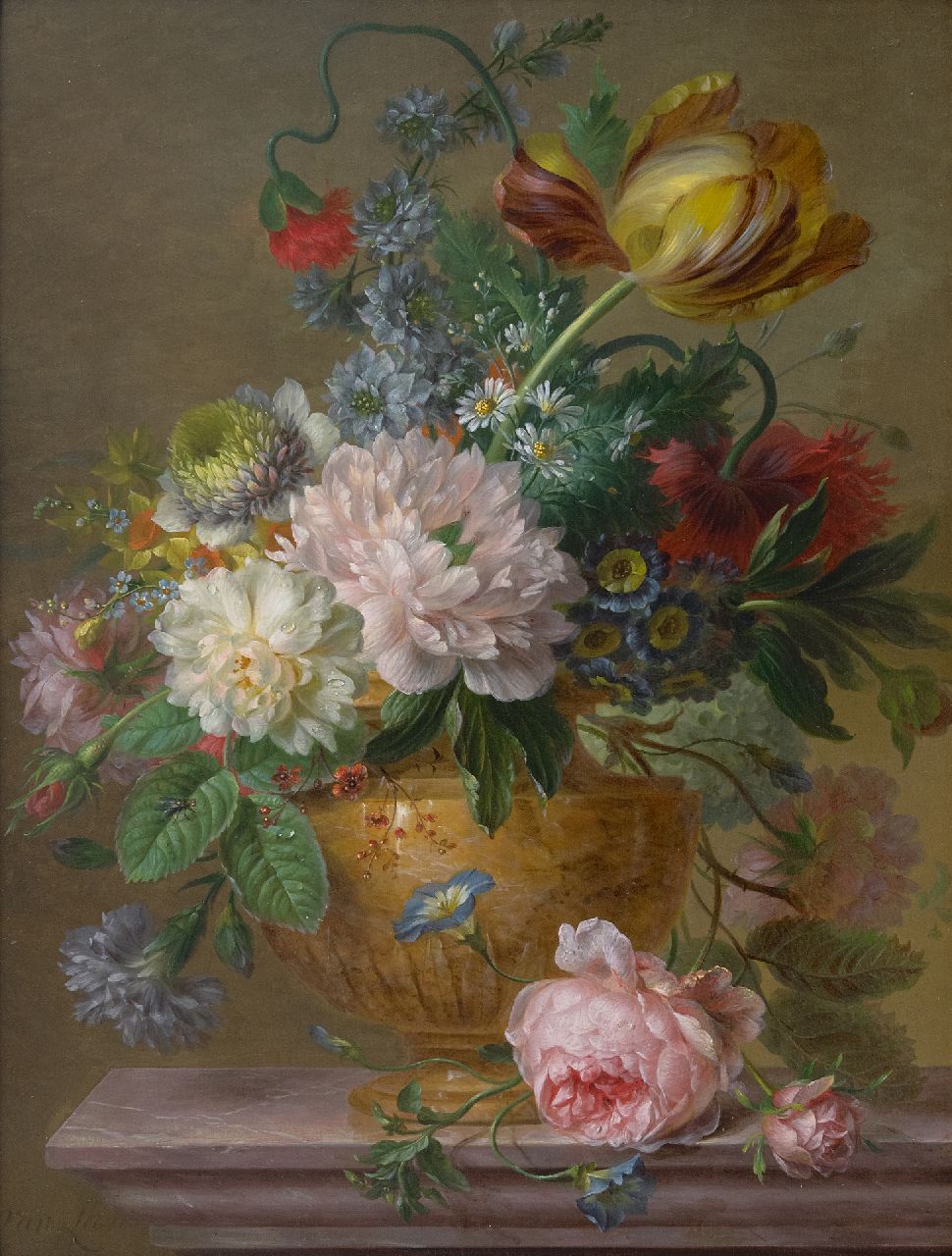 Leen W. van | Willem van Leen, Bloemstilleven met pioenrozen en tulpen, olieverf op paneel 48,8 x 36,7 cm, gesigneerd linksonder Leen W. van | Willem van Leen, Bloemstilleven met pioenrozen en tulpen, olieverf op paneel 48,8 x 36,7 cm, gesigneerd linksonder