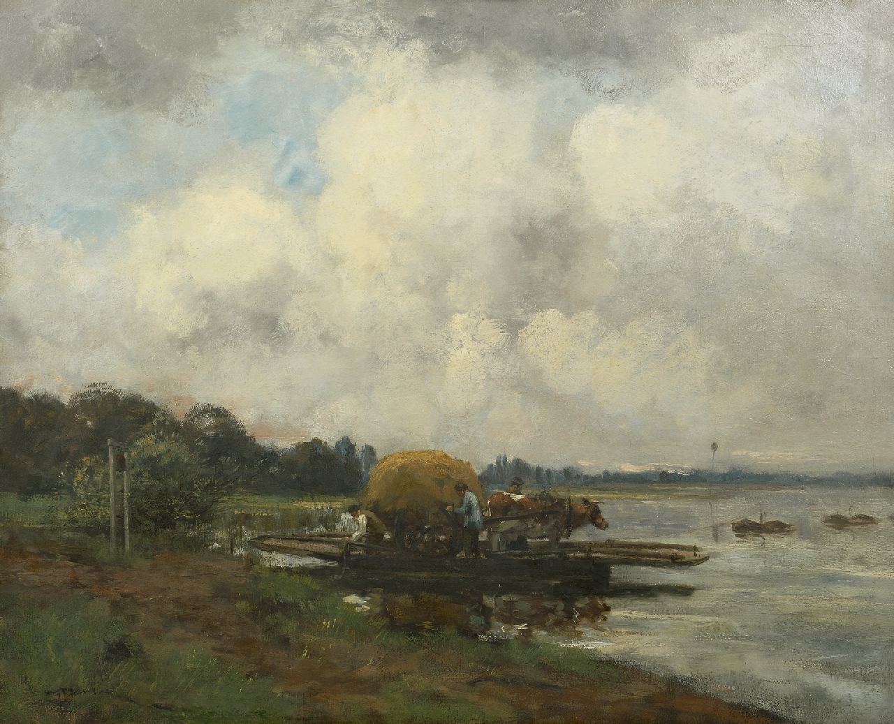 Jansen W.G.F. | 'Willem' George Frederik Jansen, De veerpont, olieverf op doek 80,8 x 101,0 cm, gesigneerd linksonder en 1915 Jansen W.G.F. | 'Willem' George Frederik Jansen, De veerpont, olieverf op doek 80,8 x 101,0 cm, gesigneerd linksonder en 1915