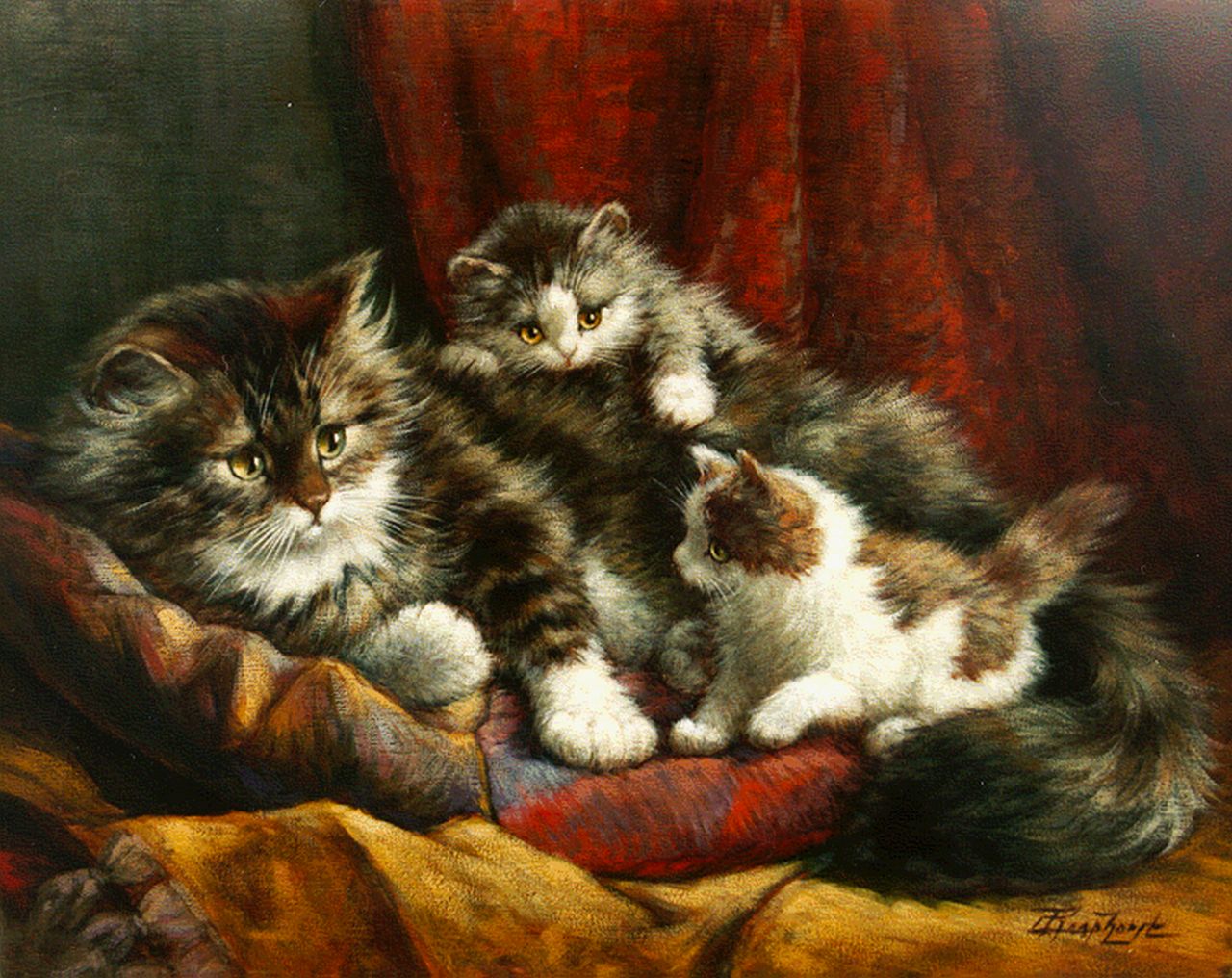 Raaphorst C.  | Cornelis Raaphorst, Moederpoes met twee poesjes in de kussens, olieverf op doek 39,0 x 49,0 cm, gesigneerd rechtsonder