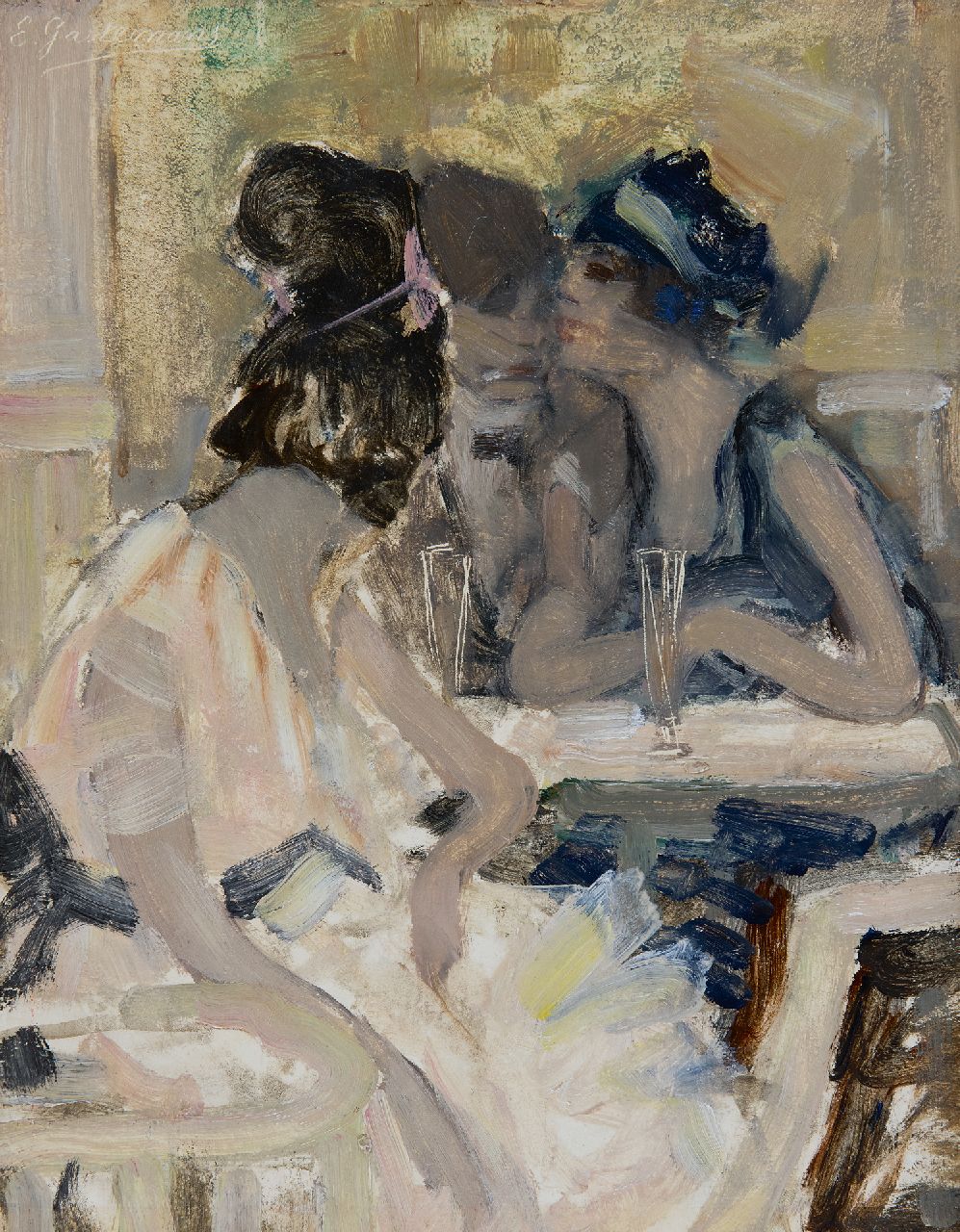 Gastemans E. | Emile Gastemans | Schilderijen te koop aangeboden | Man met drie dames in een café, olieverf op board 28,5 x 22,3 cm, gesigneerd linksboven Gastemans E. | Emile Gastemans | Schilderijen te koop aangeboden | Man met drie dames in een café, olieverf op board 28,5 x 22,3 cm, gesigneerd linksboven
