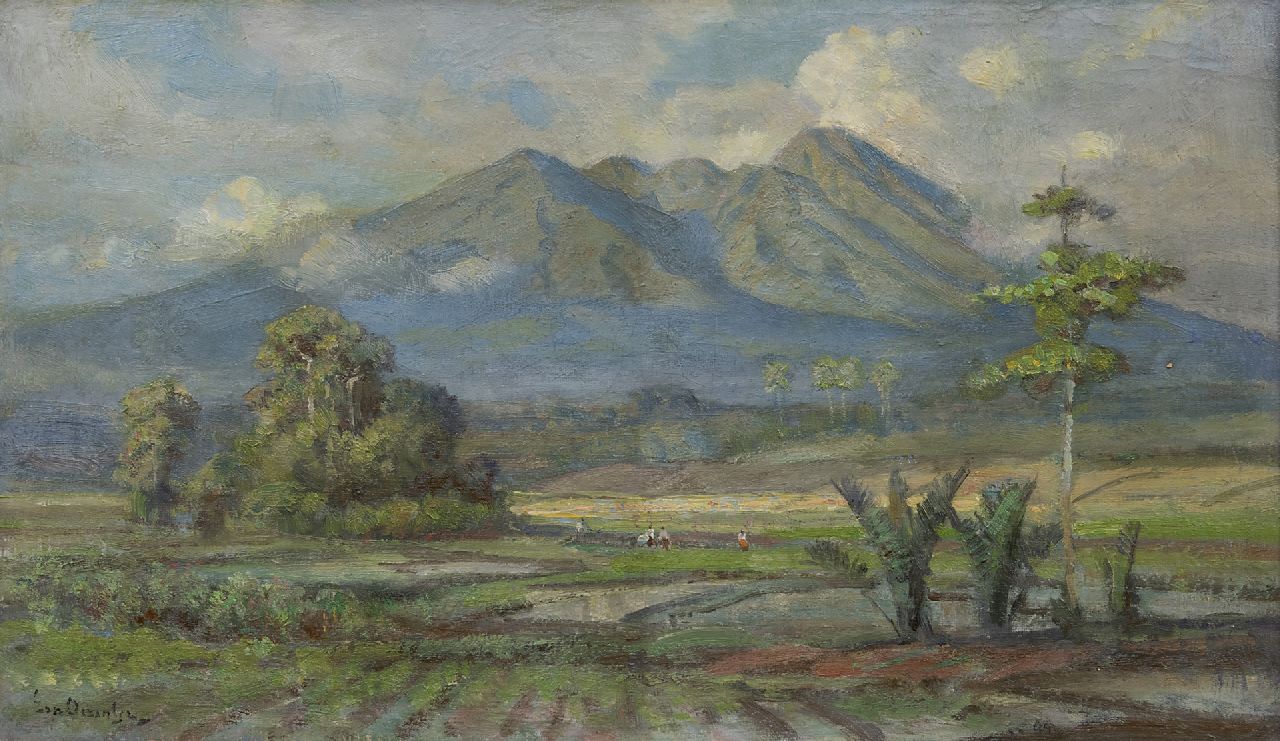 Dezentjé E. | Ernest Dezentjé, Gezicht op de Goenoeng Salak, Java, olieverf op doek 29,3 x 49,5 cm, gesigneerd linksonder en gedateerd op spieraam 4/6/'51 Dezentjé E. | Ernest Dezentjé, Gezicht op de Goenoeng Salak, Java, olieverf op doek 29,3 x 49,5 cm, gesigneerd linksonder en gedateerd op spieraam 4/6/'51