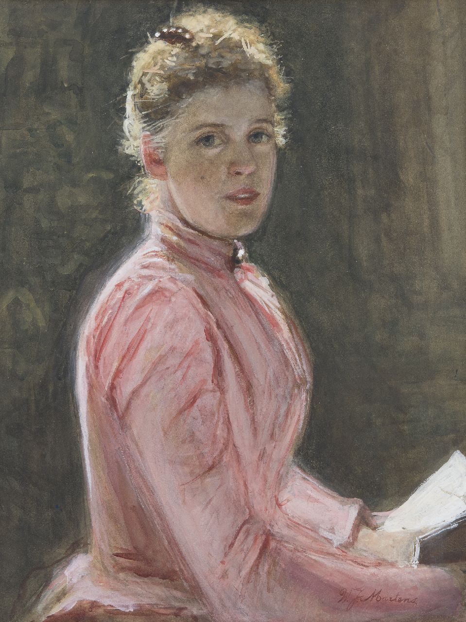 Martens W.J. | Willem Johann Martens, Zittende vrouw met opgestoken haar, aquarel op papier 49,2 x 37,2 cm, gesigneerd rechtsonder Martens W.J. | Willem Johann Martens, Zittende vrouw met opgestoken haar, aquarel op papier 49,2 x 37,2 cm, gesigneerd rechtsonder