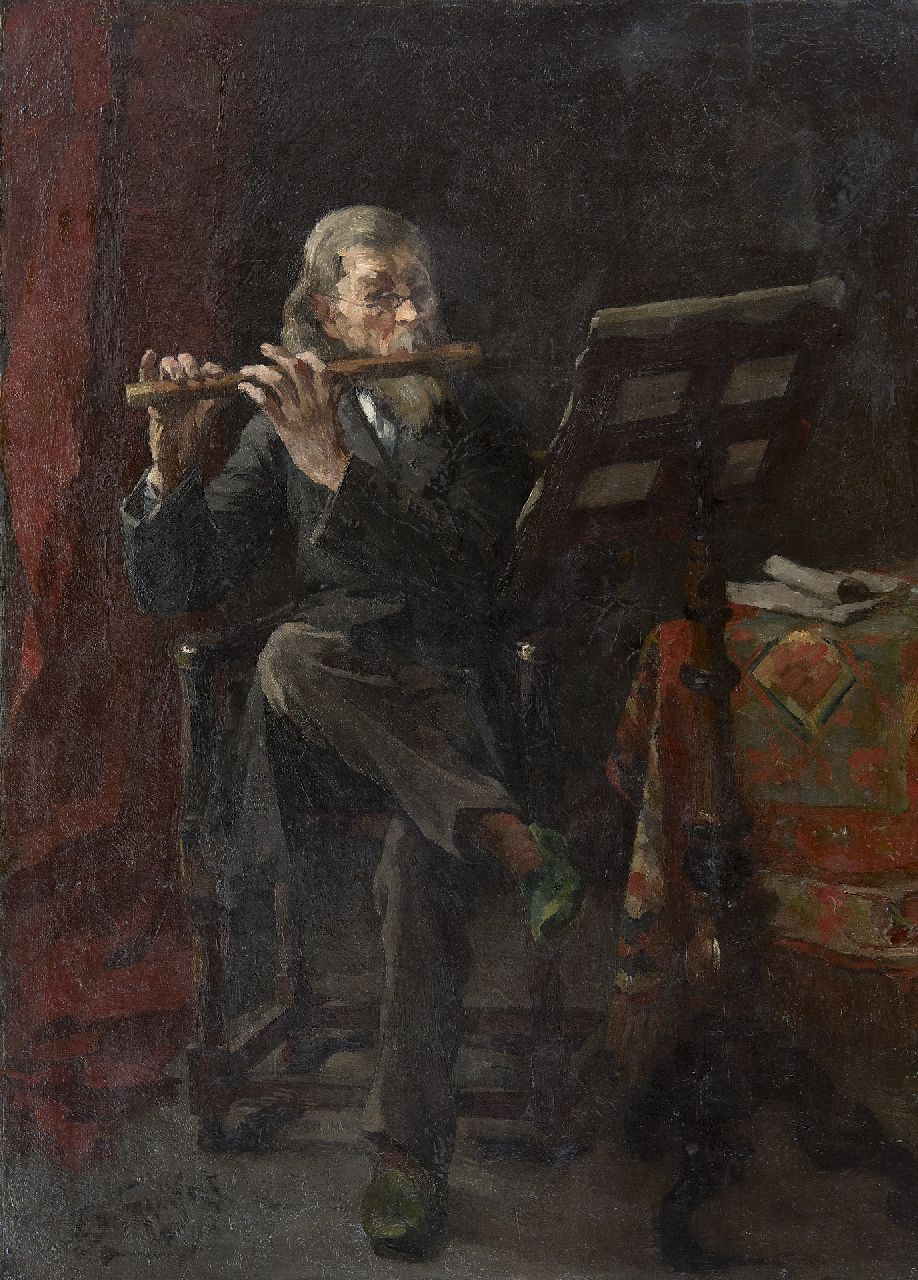 Frankfort E. | Eduard Frankfort | Schilderijen te koop aangeboden | De fluitspeler, olieverf op doek 72,0 x 51,8 cm, gesigneerd linksonder en gedateerd '90 Frankfort E. | Eduard Frankfort | Schilderijen te koop aangeboden | De fluitspeler, olieverf op doek 72,0 x 51,8 cm, gesigneerd linksonder en gedateerd '90