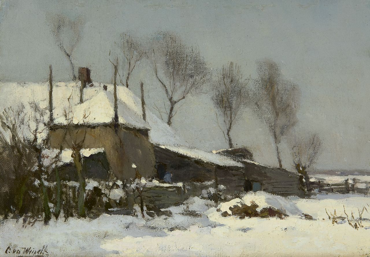 Windt Ch. van der | Christophe 'Chris' van der Windt, Boerderij in de sneeuw, olieverf op doek op paneel 21,5 x 29,7 cm, gesigneerd linksonder