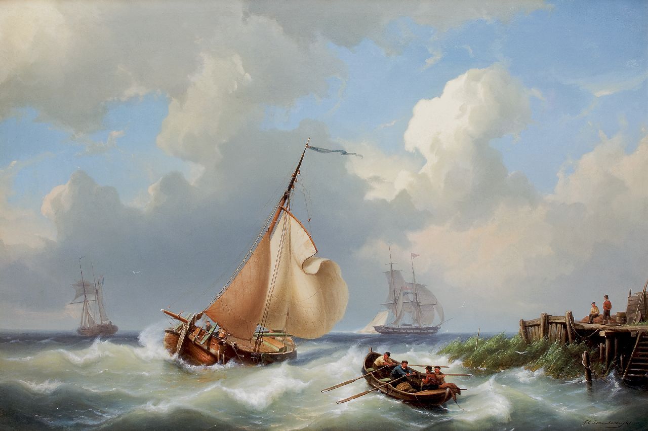 Christiaan Dommelshuizen | Zeilschepen voor de kust bij stormachtig weer, olieverf op doek, 56,3 x 83,0 cm, gesigneerd r.o. en gedateerd 1861