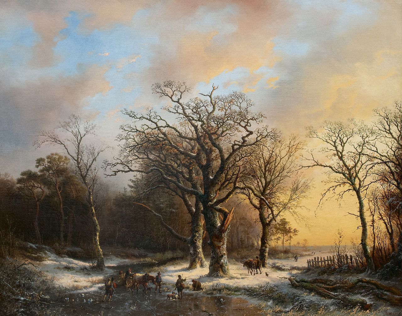 Bodeman W. | Willem Bodeman, Ontmoeting op het ijs bij zonsondergang, olieverf op doek 84,6 x 106,3 cm, gesigneerd rechtsonder 'Bodeman' (landschap) en 'EV' op de ton en te dateren ca. 1846 Bodeman W. | Willem Bodeman, Ontmoeting op het ijs bij zonsondergang, olieverf op doek 84,6 x 106,3 cm, gesigneerd rechtsonder 'Bodeman' (landschap) en 'EV' op de ton en te dateren ca. 1846
