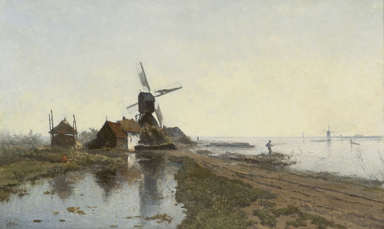 Gabriel P.J.C. | Paul Joseph Constantin 'Constan(t)' Gabriel, Het Moleneind bij Kortenhoef, met molen De Lelie, olieverf op paneel 49,7 x 82,2 cm, gesigneerd linksonder Gabriel P.J.C. | Paul Joseph Constantin 'Constan(t)' Gabriel, Het Moleneind bij Kortenhoef, met molen De Lelie, olieverf op paneel 49,7 x 82,2 cm, gesigneerd linksonder