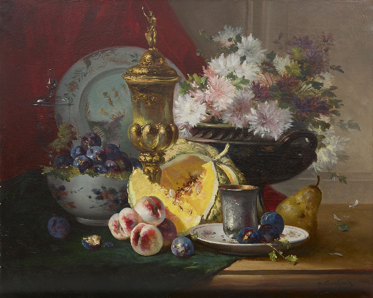 Cauchois E.H. | Eugène-Henri Cauchois | Schilderijen te koop aangeboden | Stilleven met vaatwerk, bloemen en fruit, olieverf op doek 63,4 x 77,3 cm, gesigneerd rechtsonder Cauchois E.H. | Eugène-Henri Cauchois | Schilderijen te koop aangeboden | Stilleven met vaatwerk, bloemen en fruit, olieverf op doek 63,4 x 77,3 cm, gesigneerd rechtsonder