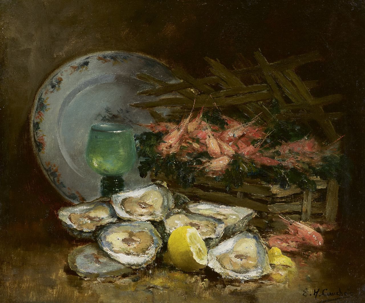 Cauchois E.H. | Eugène-Henri Cauchois, Stilleven met oesters, olieverf op doek 38,1 x 46,0 cm, gesigneerd rechtsonder Cauchois E.H. | Eugène-Henri Cauchois, Stilleven met oesters, olieverf op doek 38,1 x 46,0 cm, gesigneerd rechtsonder
