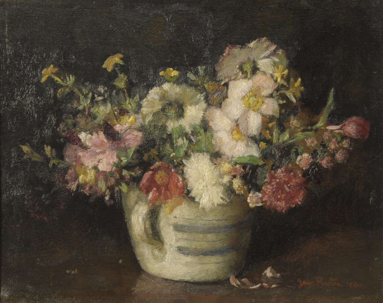 Rueter W.C.G. | Wilhelm Christian 'Georg' Rueter, Stilleven van bloemen in een stenen pot, olieverf op doek 26,2 x 32,3 cm, gesigneerd rechtsonder en gedateerd 1940 Rueter W.C.G. | Wilhelm Christian 'Georg' Rueter, Stilleven van bloemen in een stenen pot, olieverf op doek 26,2 x 32,3 cm, gesigneerd rechtsonder en gedateerd 1940