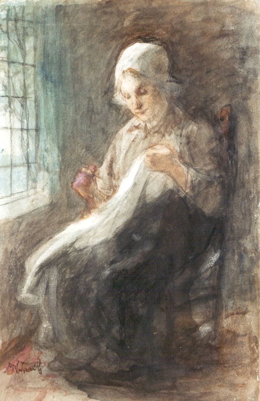Israëls J. | Jozef Israëls, Verstelwerk, houtskool en aquarel op papier op board 34,4 x 22,2 cm, gesigneerd linksonder Israëls J. | Jozef Israëls, Verstelwerk, houtskool en aquarel op papier op board 34,4 x 22,2 cm, gesigneerd linksonder