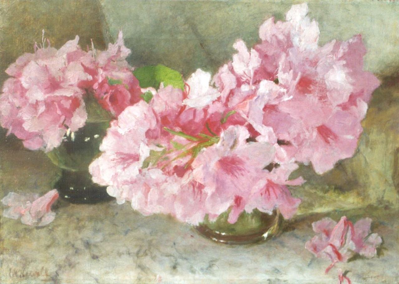 Oldewelt F.G.W. | 'Ferdinand' Gustaaf Willem Oldewelt, Rhododendrons, olieverf op doek 33,0 x 46,2 cm, gesigneerd linksonder Oldewelt F.G.W. | 'Ferdinand' Gustaaf Willem Oldewelt, Rhododendrons, olieverf op doek 33,0 x 46,2 cm, gesigneerd linksonder