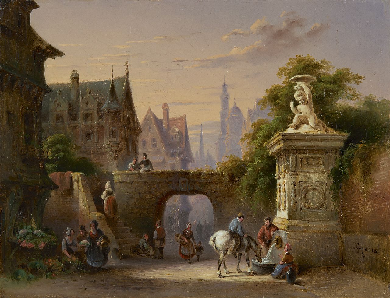 Grootveld J.D.G.  | Jan David Geerling Grootveld, Stadsgezicht met figuren bij een waterpomp, olieverf op doek 27,3 x 35,9 cm, gesigneerd rechtsonder en gedateerd 1852