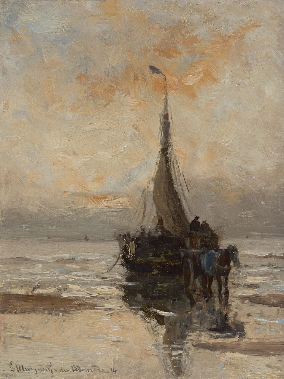 Munthe G.A.L.  | Gerhard Arij Ludwig 'Morgenstjerne' Munthe, Het uitladen van de netten bij zonsondergang, olieverf op paneel 18,2 x 14,0 cm, gesigneerd linksonder en gedateerd '14