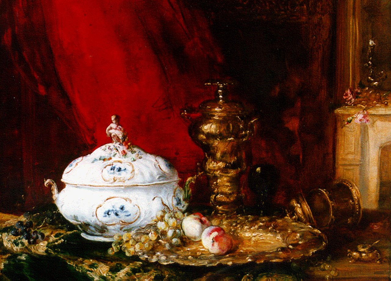 Vollon A. | Antoine Vollon, Stilleven met koperen bokaal, olieverf op doek 38,8 x 47,0 cm, gesigneerd linksonder Vollon A. | Antoine Vollon, Stilleven met koperen bokaal, olieverf op doek 38,8 x 47,0 cm, gesigneerd linksonder