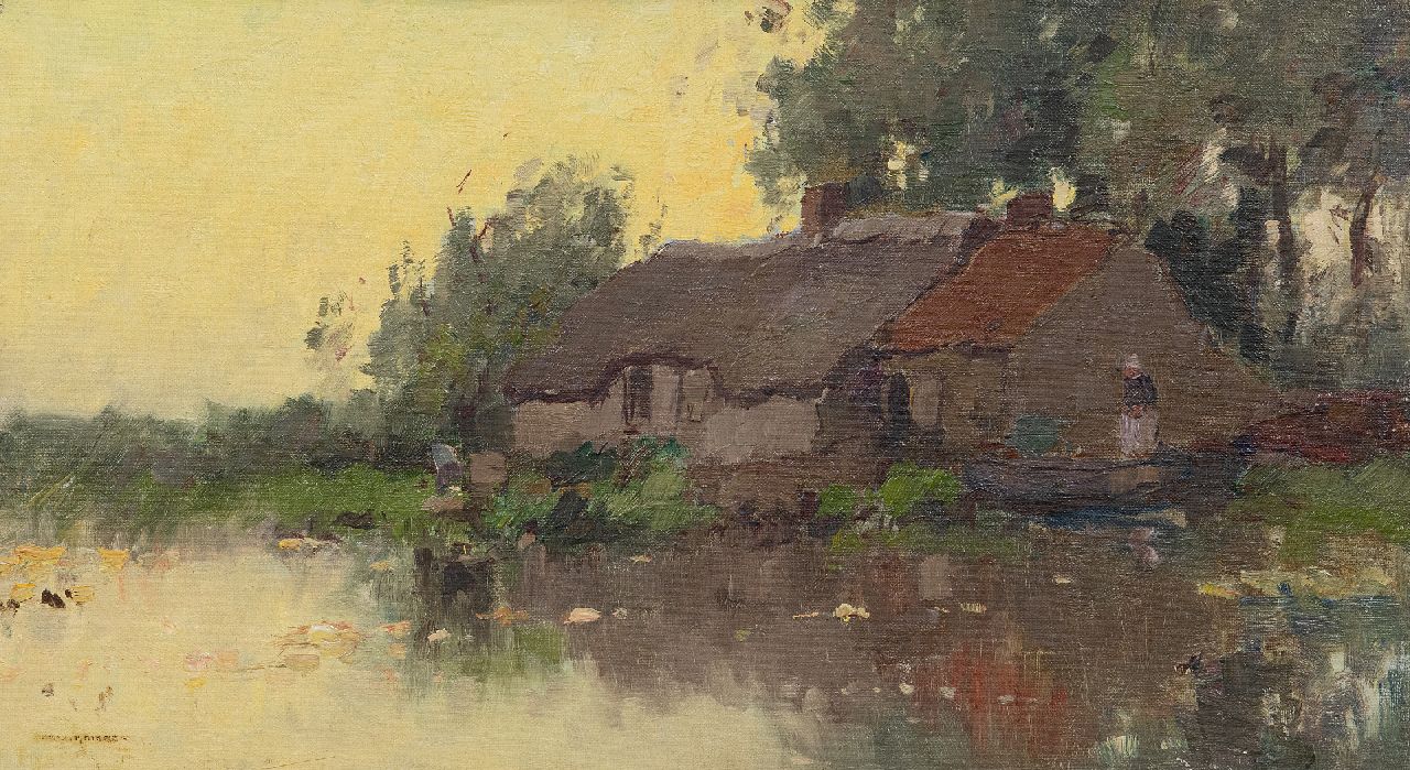 Knikker A. | Aris Knikker | Schilderijen te koop aangeboden | Boerderij aan het water, olieverf op doek op paneel 25,1 x 45,0 cm, gesigneerd linksonder Knikker A. | Aris Knikker | Schilderijen te koop aangeboden | Boerderij aan het water, olieverf op doek op paneel 25,1 x 45,0 cm, gesigneerd linksonder
