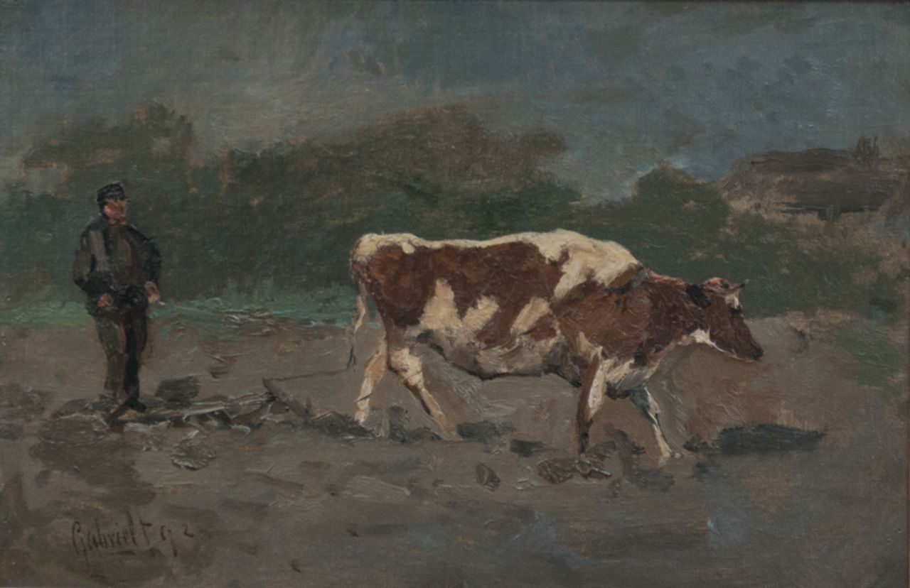 Gabriel P.J.C. | Paul Joseph Constantin 'Constan(t)' Gabriel, Ploegende boer, olieverf op doek op paneel 22,3 x 33,0 cm, gesigneerd linksonder en gedateerd '92 Gabriel P.J.C. | Paul Joseph Constantin 'Constan(t)' Gabriel, Ploegende boer, olieverf op doek op paneel 22,3 x 33,0 cm, gesigneerd linksonder en gedateerd '92