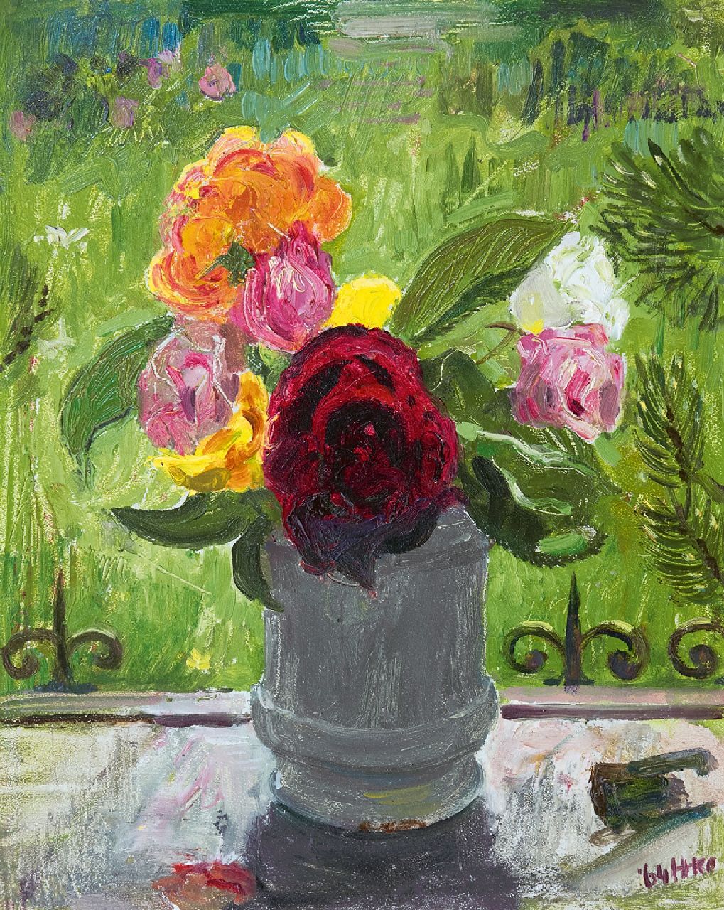 Kamerlingh Onnes H.H.  | 'Harm' Henrick Kamerlingh Onnes, Rozen in de vensterbank, olieverf op paneel 30,5 x 24,6 cm, gesigneerd rechtsonder met monogram en gedateerd '64