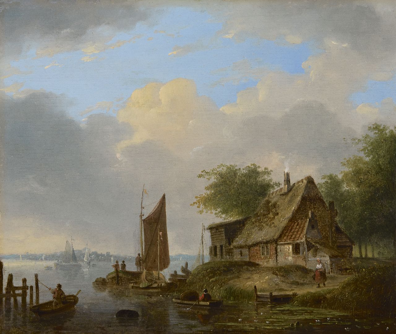 Stok J. van der | Jacobus van der Stok, Zomers rivierlandschap, olieverf op paneel 26,6 x 31,7 cm Stok J. van der | Jacobus van der Stok, Zomers rivierlandschap, olieverf op paneel 26,6 x 31,7 cm