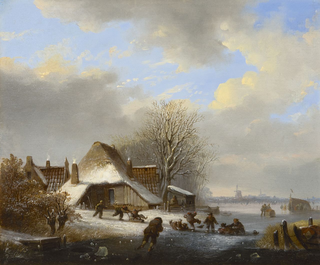 Stok J. van der | Jacobus van der Stok, Schaatspret op een bevroren rivier, olieverf op paneel 26,3 x 31,9 cm, gesigneerd rechtsonder Stok J. van der | Jacobus van der Stok, Schaatspret op een bevroren rivier, olieverf op paneel 26,3 x 31,9 cm, gesigneerd rechtsonder